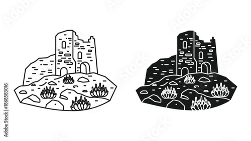 Ancient ruins with cacti in desert landscape