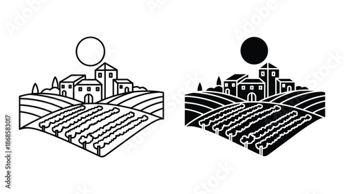 Vineyard landscape with house and sun