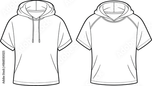 Short sleeve hoodie t shirt technical flat sketch, front and back view, casual fashion line art vector illustration