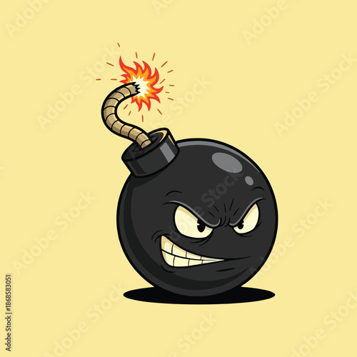 Angry bomb with lit fuse cartoon.