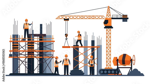 Construction Workers Building High Rise Structure.