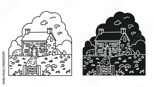 Large house with garden and trees illustration