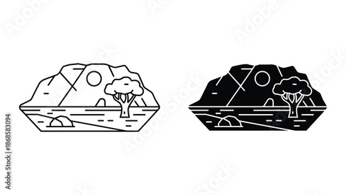 Simple landscape illustration with tree and mountain