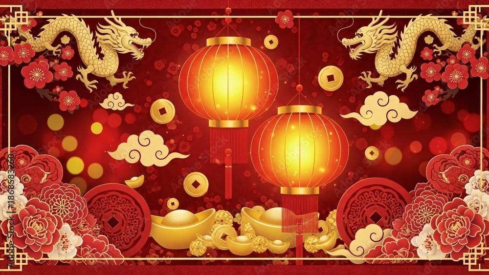 Obraz premium Festive lunar new year illustration with lanterns dragons and gold elements