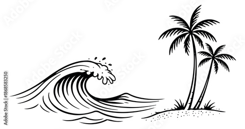 Hand drawn line art illustration of a breaking wave and palm trees depicting a tropical beach for summer holiday design