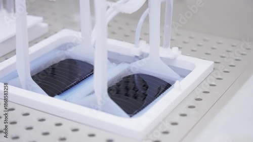 Silicon wafers immersed in a chemical wet bench bath during semiconductor fabrication, showing plastic cassette holders atop a perforated cleanroom surface for precise microelectronics processing