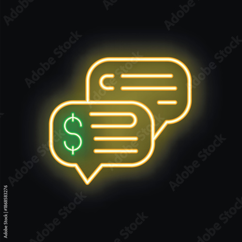 Neon sign illustration of a speech bubble chat with a dollar sign, symbolizing a conversation about money