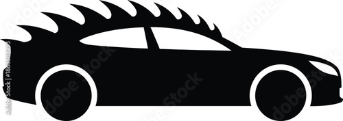 A black silhouette of a car with flames rising from the back against a white background