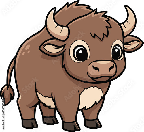 Charming cartoon illustration of a cute baby bison or buffalo, featuring a friendly brown character with small horns, perfect for children's designs and educational projects