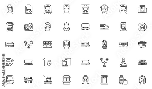 Railway and transport line icons set. Train travel symbols, metro transport signs, passenger elements, minimal stroke design.Thin outline icons pack. Vector illustration