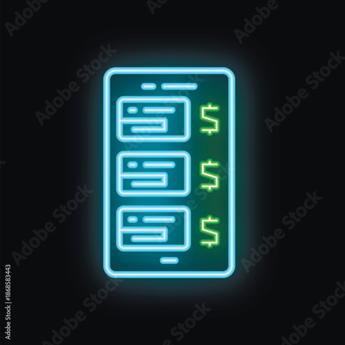 Neon sign representing a smartphone showing an online payment system, with three payment methods displayed on the screen