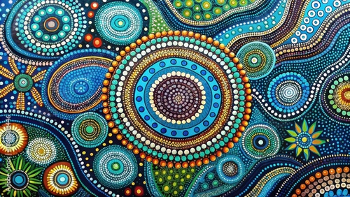 Vibrant Abstract Dot Painting Artwork Featuring Concentric Circles and Organic Shapes in a Kaleidoscope of Blues, Greens, and Oranges