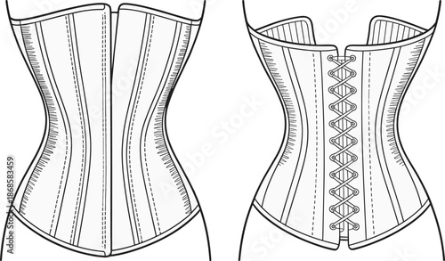 Women corset CAD drawing, lace up waist trainer technical illustration, front and back view fashion lingerie apparel design