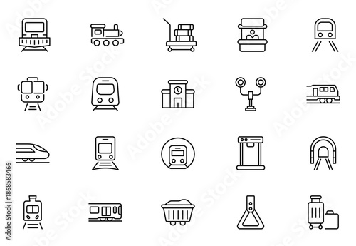 Railway and transport line icons set. Train travel symbols, metro transport signs, passenger elements, minimal stroke design.Thin outline icons pack. Vector illustration