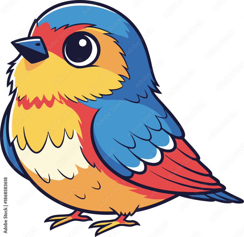 Obraz premium A delightful and expressive vector illustration of a small, colorful animal, featuring an adorable cartoon bird with vibrant blue, yellow, and red plumage, perfect for playful graphics