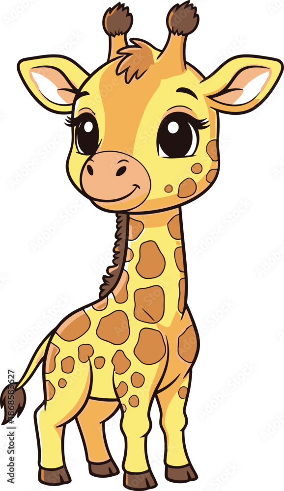Obraz premium Cute cartoon giraffe standing and looking to the side with a happy expression, perfect for children's books and educational materials