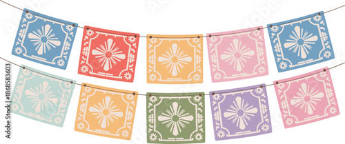Colorful papel picado banner illustration, traditional Mexican paper cut flags garland, folk art geometric patterns, festive celebration decoration vector