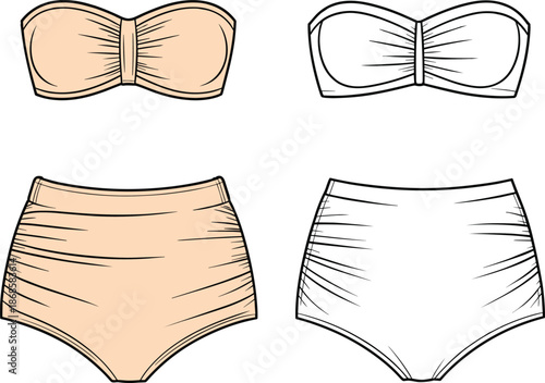 Women bikini set CAD drawing, strapless bandeau top and high waist bottom technical illustration, flat vector swimwear design