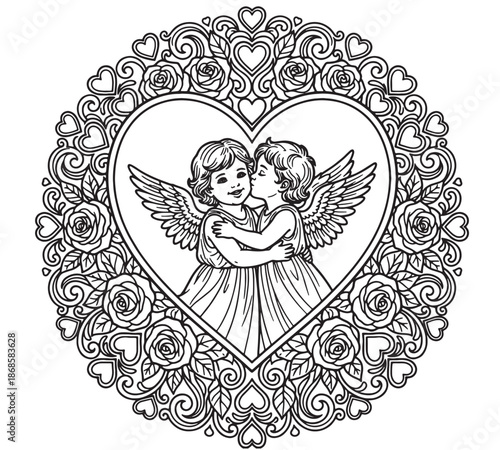 coloring book for Adult. Design for wedding invitations and Valentine's Day of abstract flowers, hearts, envelope, arrow, heart, bird, kiss, butterfly