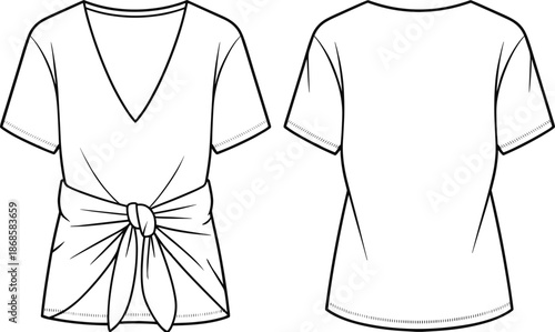 Women knot detail top CAD drawing, short sleeve V neck blouse technical illustration, front and back view fashion design