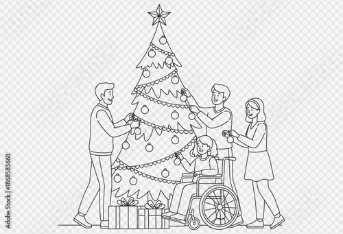 Family decorating christmas tree together with love and care in a heartwarming scene of togetherness and joy