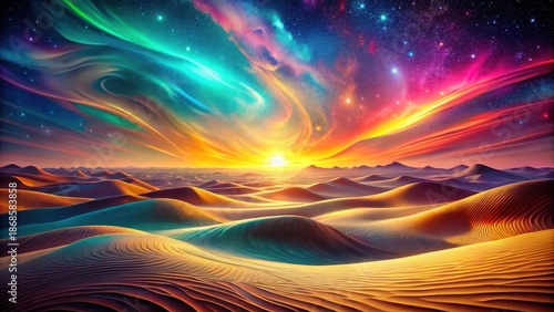 Wallpaper Mural A Serene Sunset over Golden Dunes with a Vivid Celestial Display of Aurora and Stars Torontodigital.ca