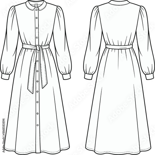 Long sleeve midi dress technical fashion illustration, front and back view, belted waist button down dress, flat vector design