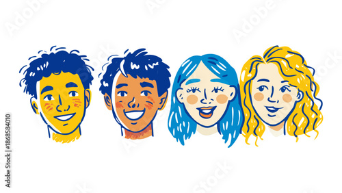 A row of diverse university students' faces in a whimsical doodle art style. Includes bright skin tones like yellow and blue, messy hair, and joyful smiles. Hand-painted textures, thick ink lines, min