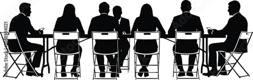 Business people silhouettes sitting at meeting table discussing strategy, teamwork, and corporate communication isolated on white background