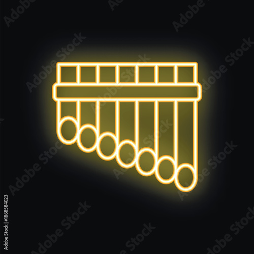 Yellow neon sign representing a pan flute, a melodic musical instrument, glowing brightly against a dark backdrop