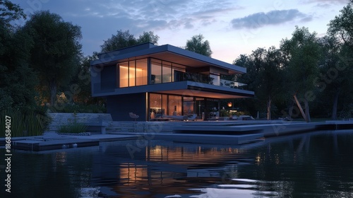 A modern waterfront house with sleek architectural design, reflecting sustainable living in an urban lakeside setting at dusk.