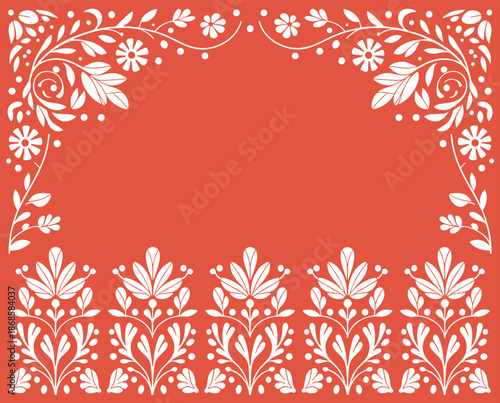 Decorative floral frame illustration, traditional folk art border with flowers leaves ornaments, red ornamental background, papel picado inspired vector design