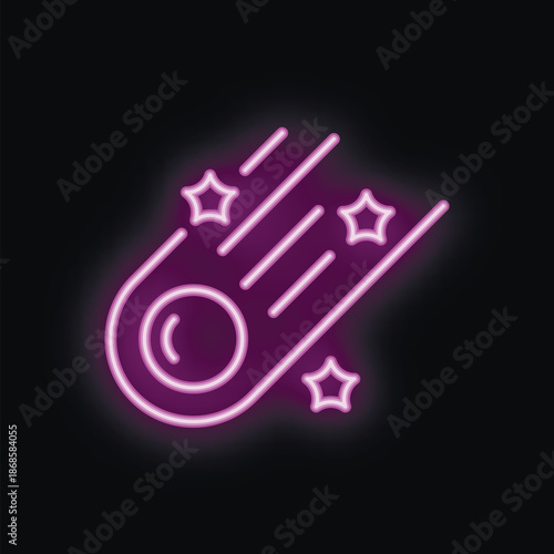 Stylized neon icon of a comet falling through space, leaving a trail of stardust and surrounded by stars