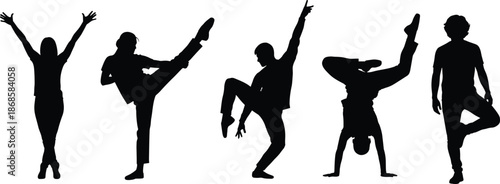 Dynamic silhouette dancers performing modern dance, yoga, and acrobatic poses, isolated on white background for fitness art design