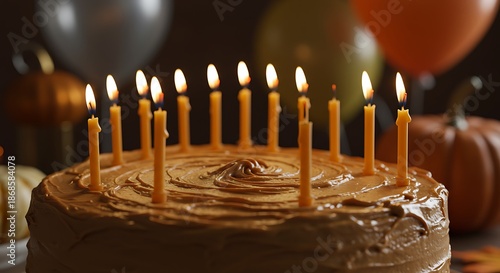 Wallpaper Mural Chocolate birthday cake with lit candles on top, surrounded by balloons and pumpkins in a festive indoor setting with warm tones. Torontodigital.ca