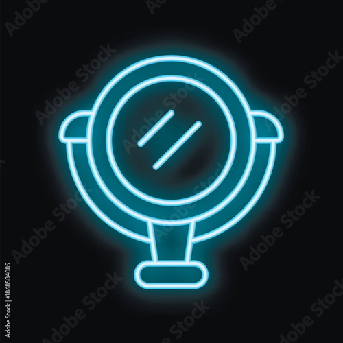 Blue neon sign of a round desktop mirror, a symbol of beauty and self reflection