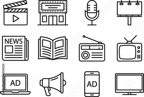 Media and advertising icons set, outline symbols for news, broadcasting, marketing, radio, television, cinema, digital content