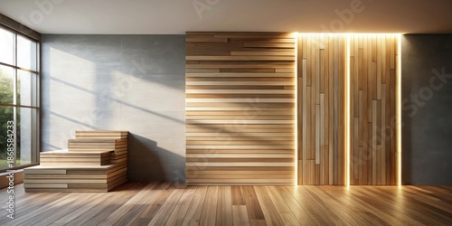 Wallpaper Mural Modern minimalist interior design showcasing warm wood paneling and a sleek stepped wooden platform in a sunlit room Torontodigital.ca