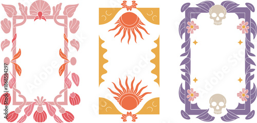 Decorative floral frames illustration set, vintage botanical borders with skull and sun motifs, ornate artistic design elements, colorful vector frames
