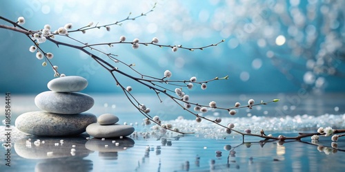 Wallpaper Mural Serene Springtime Still Life Balanced Stones and Delicate Willow Branch Reflecting in Calm Water Torontodigital.ca