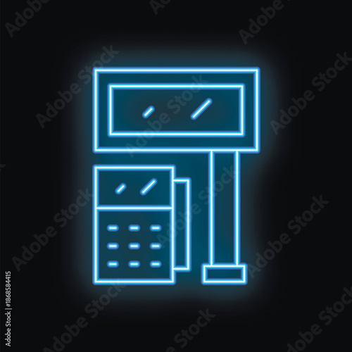 Blue neon icon of a parking meter accepting contactless payment on a black background