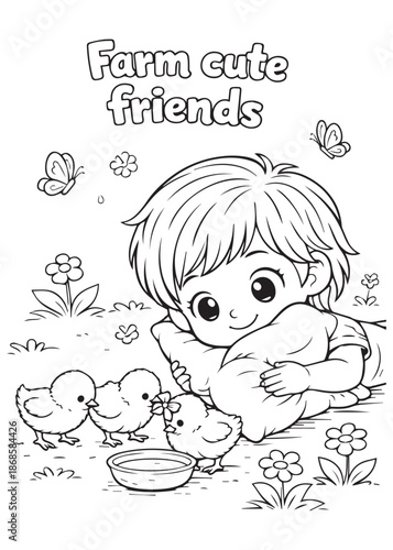 coloring book  boy feeding baby chicks with care, cute and peaceful farm animal interaction