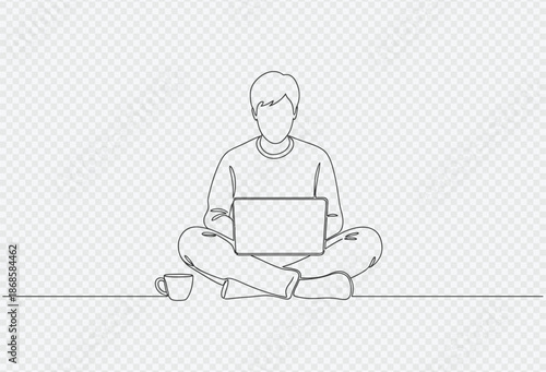 A man sitting cross-legged on the floor working on his laptop with a cup nearby in a minimalist line art style