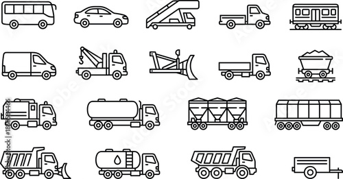 Transportation and industrial vehicle icons set, outline trucks, cars, buses, trailers, construction and logistics transport symbols