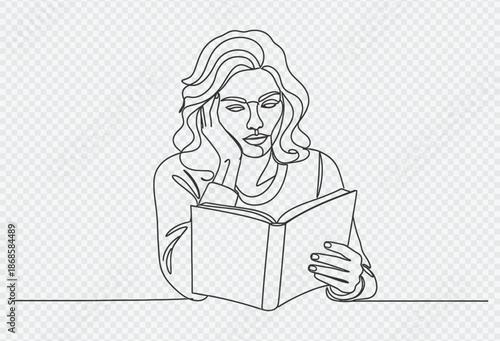 Woman engrossed in reading a book with contemplative expression