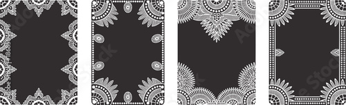 Decorative folk art frames illustration set, paper cut floral borders, monochrome ornamental panels, traditional craft style, vector design elements