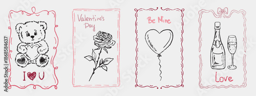 Hand drawn coquette frame for Valentines day greeting card, wedding invitations. Teddy bear, rose flower, heart balloon, champagne. Vector sketch illustration in vintage crayon charcoal style