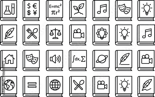Education subject book icons collection, outline learning symbols for science, math, art, music, law, media, creativity