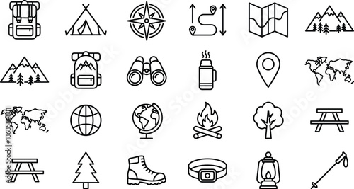 Adventure and outdoor travel outline icon set featuring camping, hiking, navigation, exploration, backpacking, and nature activity symbols in black and white line style