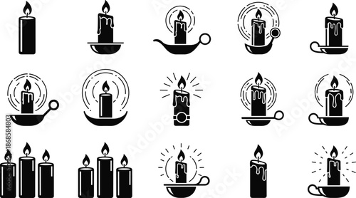 Black candle icons set, isolated wax candle vector illustrations, memorial light symbols, burning flame silhouettes, decorative spiritual glow elements for graphic design projects,